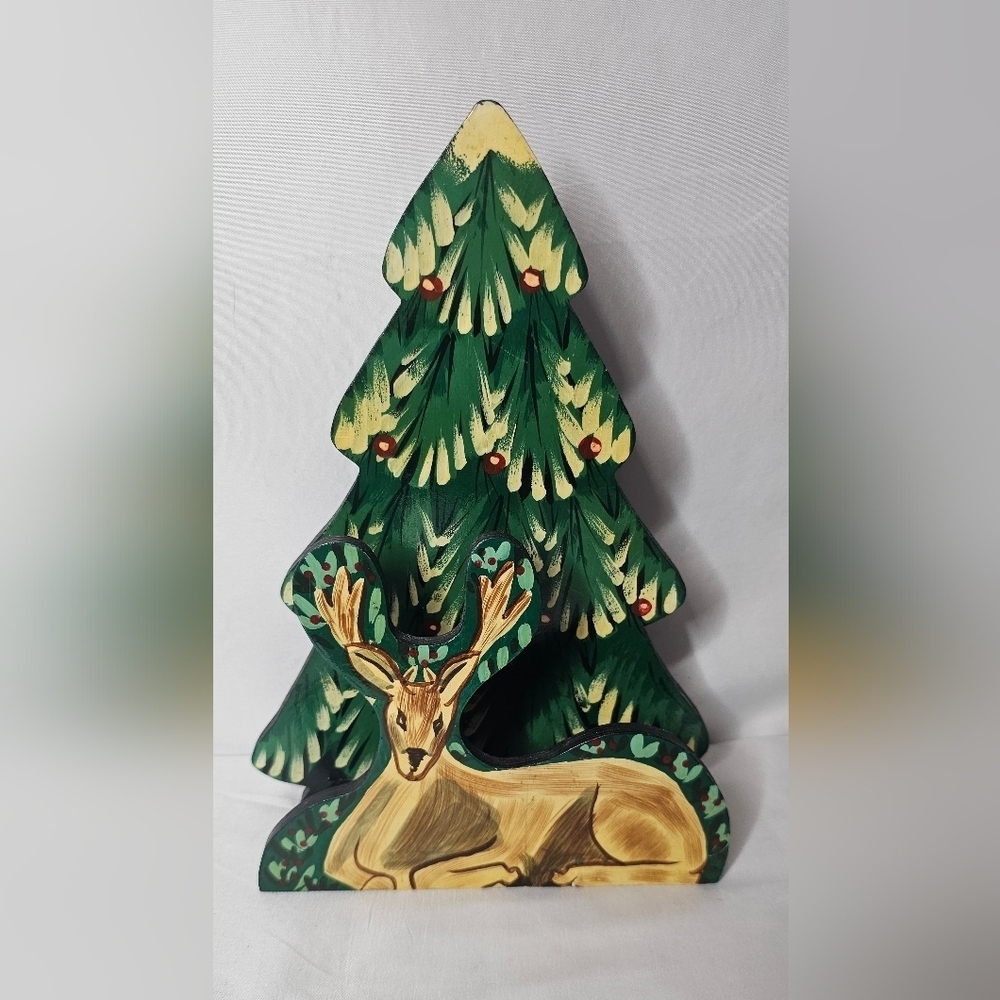 Vintage Wood Handpainted Napkin Holder 11” Tall Deer & Tree Christmas Holidays - Picture 2 of 8